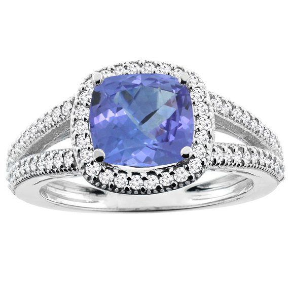 10K White Gold Natural Tanzanite Ring Cushion 7x7mm Diamond Accent 3/8 inch wide, size 7