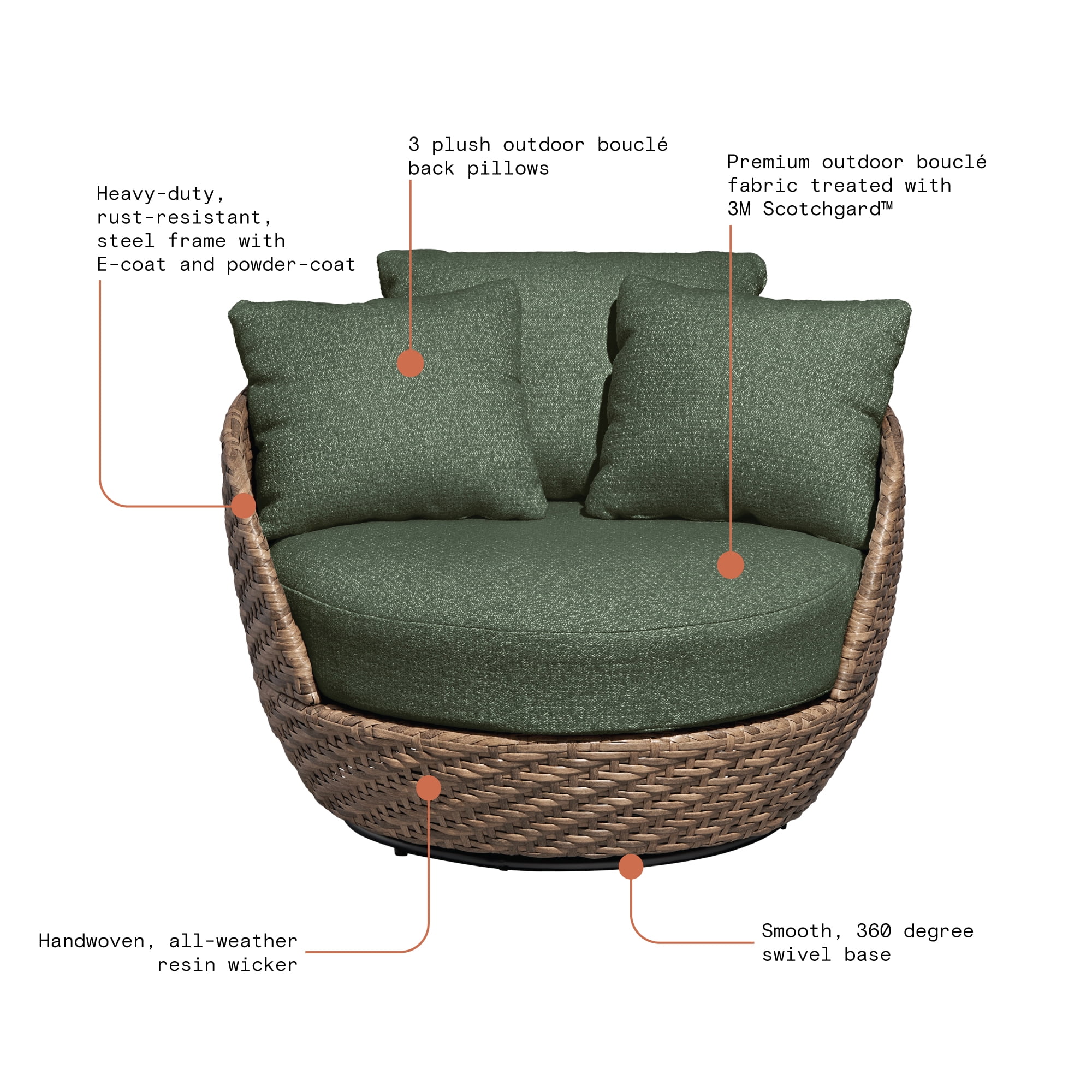 Beautiful Wicker Outdoor Swivel Statement Chair with Boucle Cushions & Cover by Drew Barrymore, Brown/Thyme