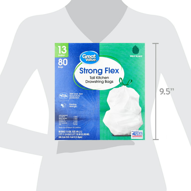 Great Value Strong Flex Tall Kitchen Drawstring Bags, Unscented, 13 Gallon,  40 Count 