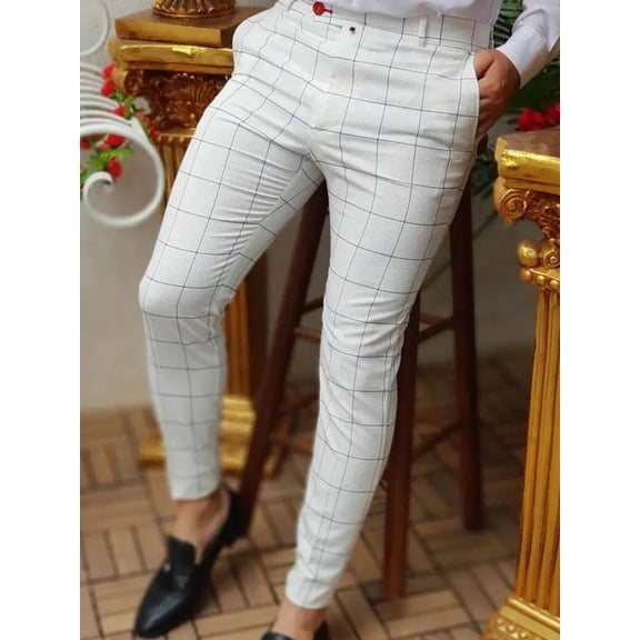 Men's White Grid Plaid Ankle Dress Pants Slim Fit Checkered Nine Point Cropped Trousers Business Casual Pants with Side Pockets