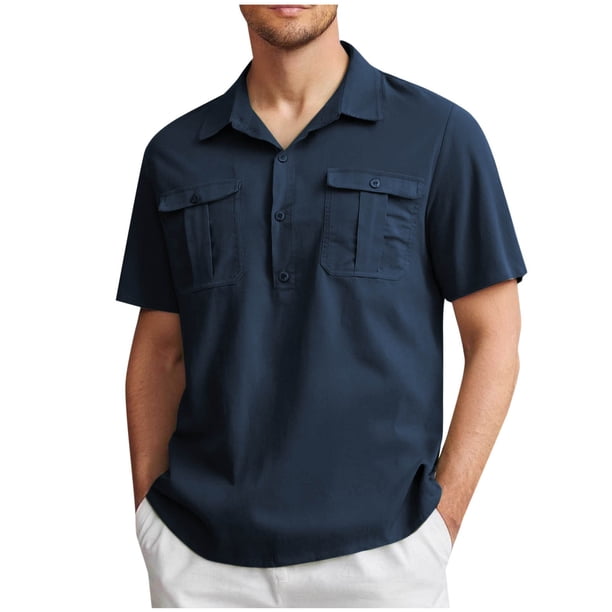 Camisa de Manga Corta de los Hombres con Botón de Color Sólido Blusa de Cuello con Bolsillo, Top de Poliéster Casual para Toda la Temporada de Uso Diario Y Casual