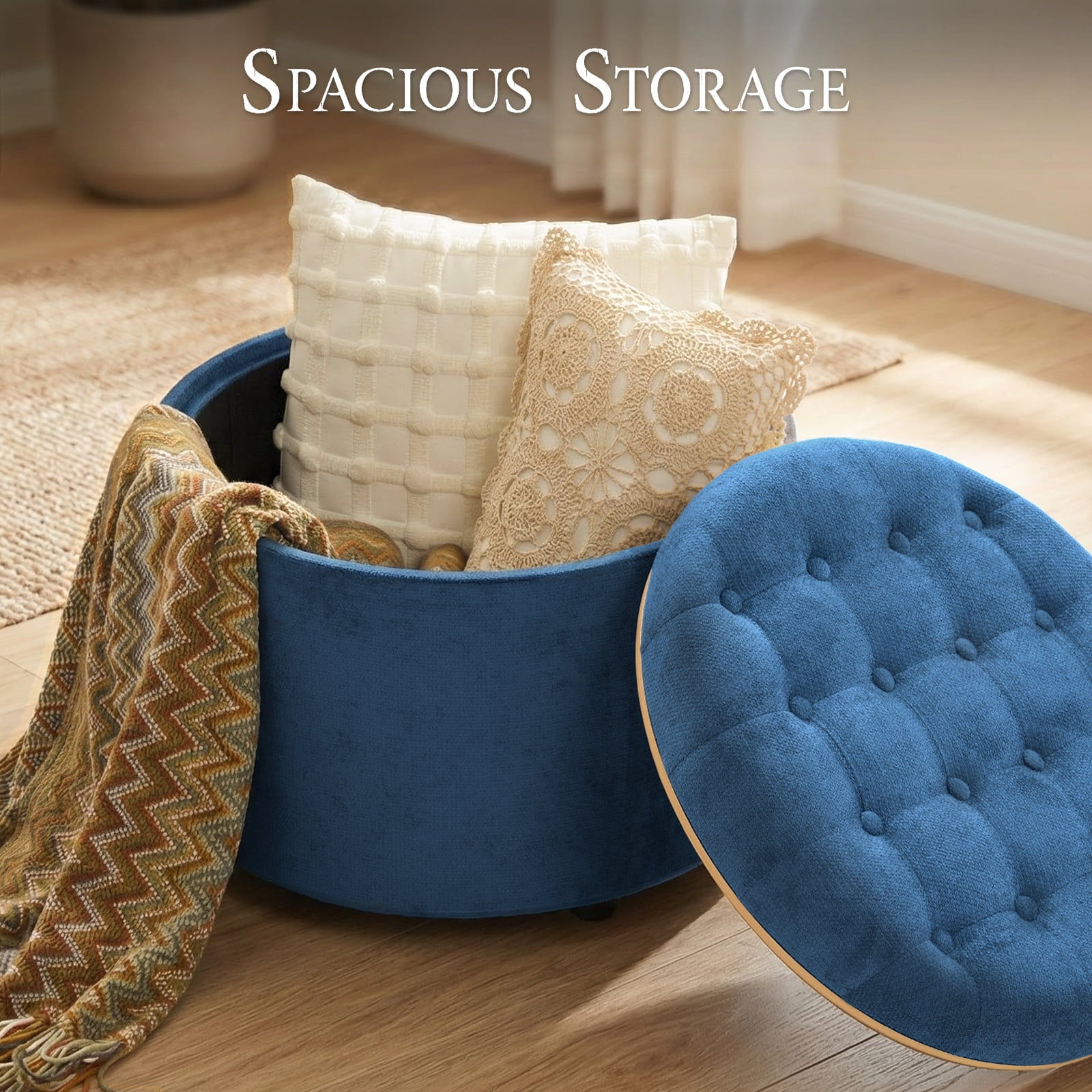 Dovov Round Ottoman with Storage and Reversible Tray, 25" Upholstered Footrest Coffee Table Button Tufted Storage Ottoman Foot Stool, Blue