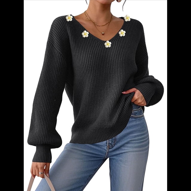 Suéter Holgado de Otoño con Cuello en V y Mangas Largas Tipo Farol para Mujer, Bordado de Flores. Negro L