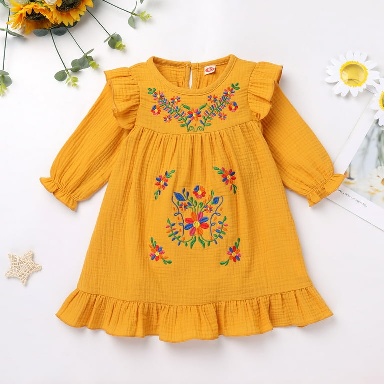 IDOPIP Toddler Girl Mexican Dress Long Sleeve Floral Embroidery Dress  Traditional Ethnic Casual Dress - Walmart.com