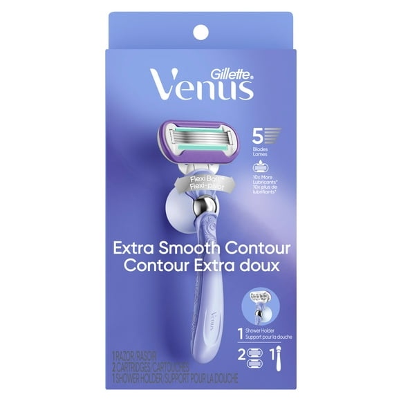 Rasoir Venus Extra doux Contour pour femmes avec manche de rasoir réutilisable, 2cartouches de rechange et un support pour la douche