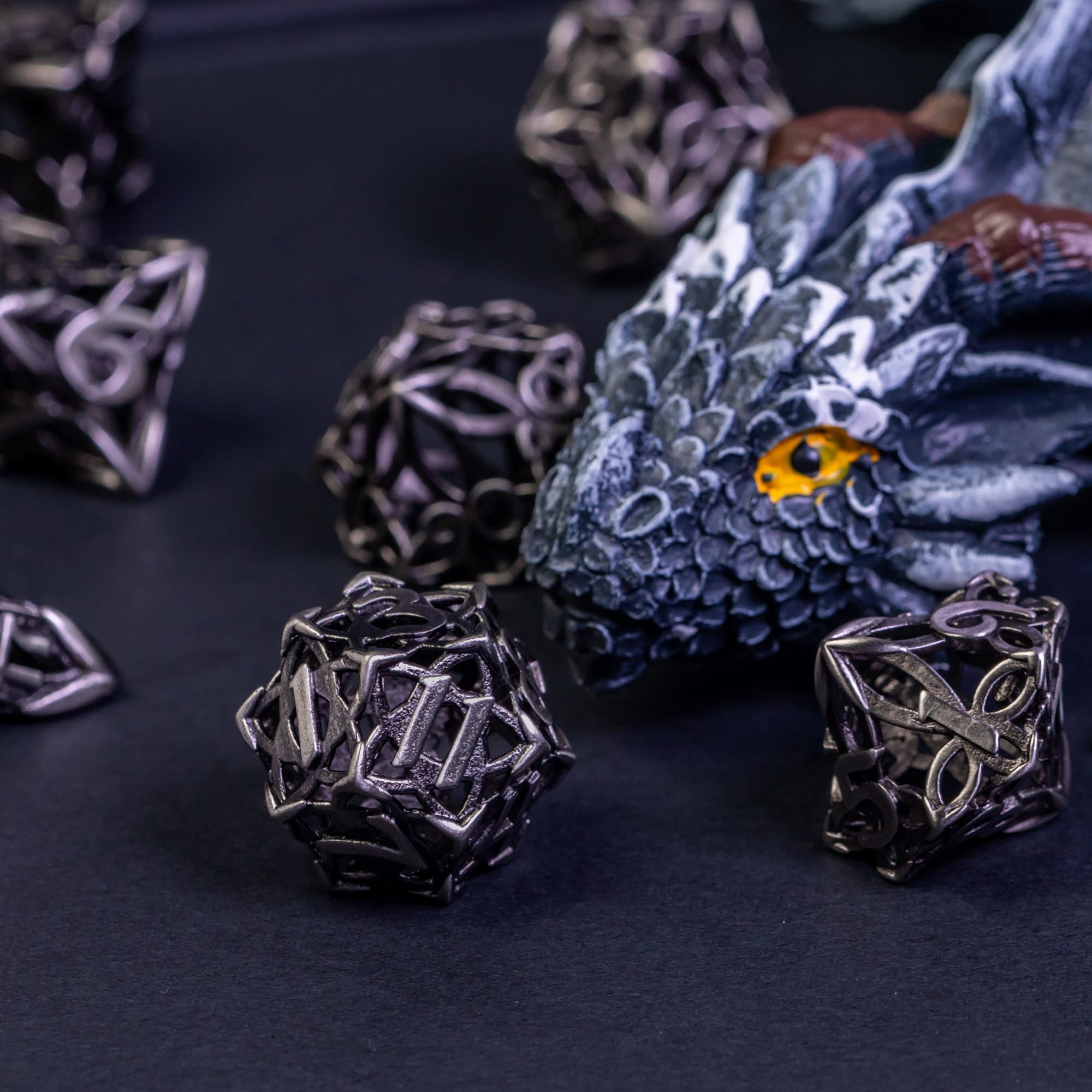 Cusdie Hollow Metal Dice, Celtic Knot D&D Dice, 7 Pcs Metal Dice Set, Polyhedral Dice Set, for Role Playing Game MTG Pathfinder