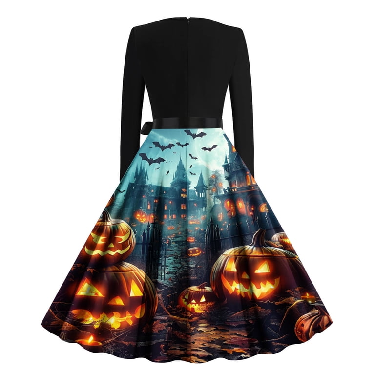Qatainlav Womens Long Sleeve Halloween Dresses Fashion Print Cosplay Party Costumes Cocktail Swing Dress, Light Brown, XXL, Women's, Size: 2XL