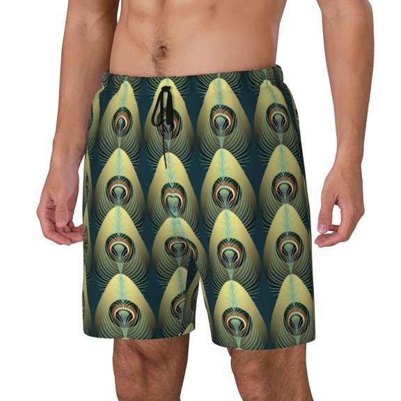 Picia Peacock Gold Feather pattern Mens Swim Trunks with Compression Liner Stretch Beach Shorts Quick Dry with Zipper Pockets No-Chafing Board Shorts-Small