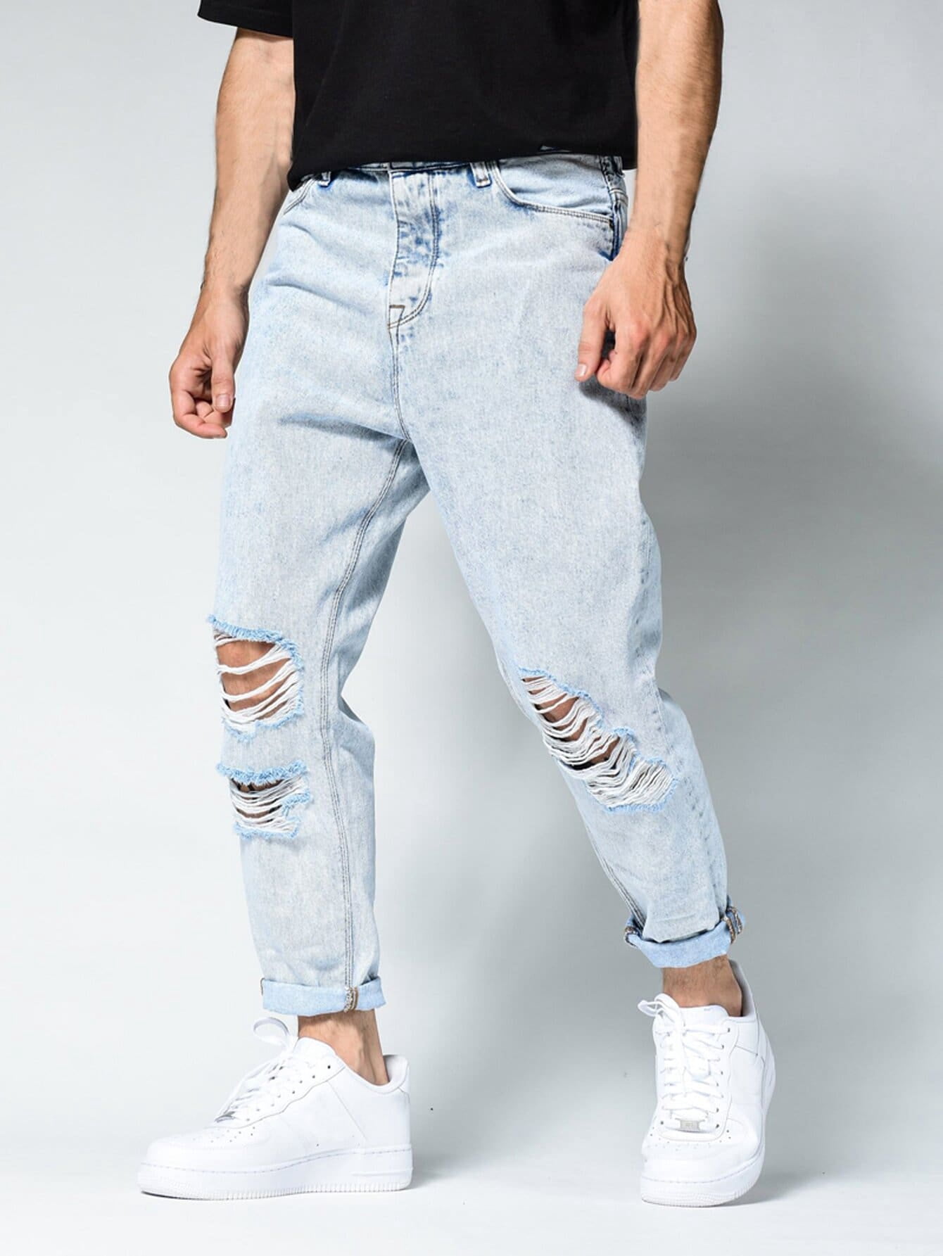 Light Wash Guys Ripped Cuffed Jeans M(6 