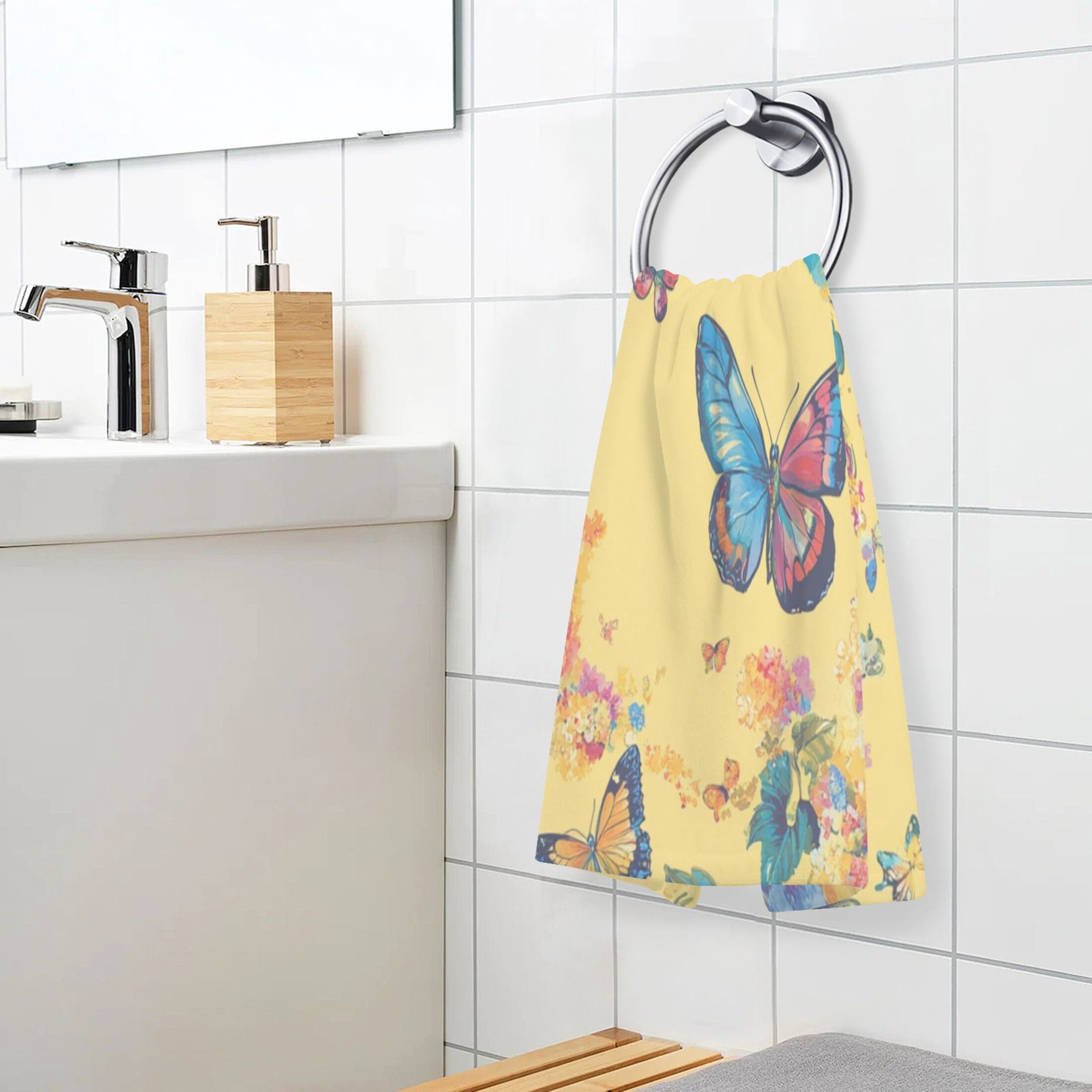Cotton Towel Two-Piece 16x28 Inch One Sizex2 Face Towel Set Towel Set Cotton Hand Bath Towel Bathroom Beach Pale Yellow Rainbow Butterfly
