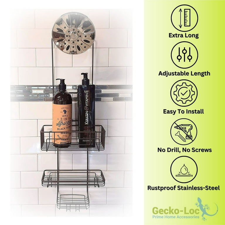 Gecko-Loc Extra Long Adjustable Length Deep shelf over the showerhead  hanging shower caddy organizer - bathroom caddies storage rack stainless  steel