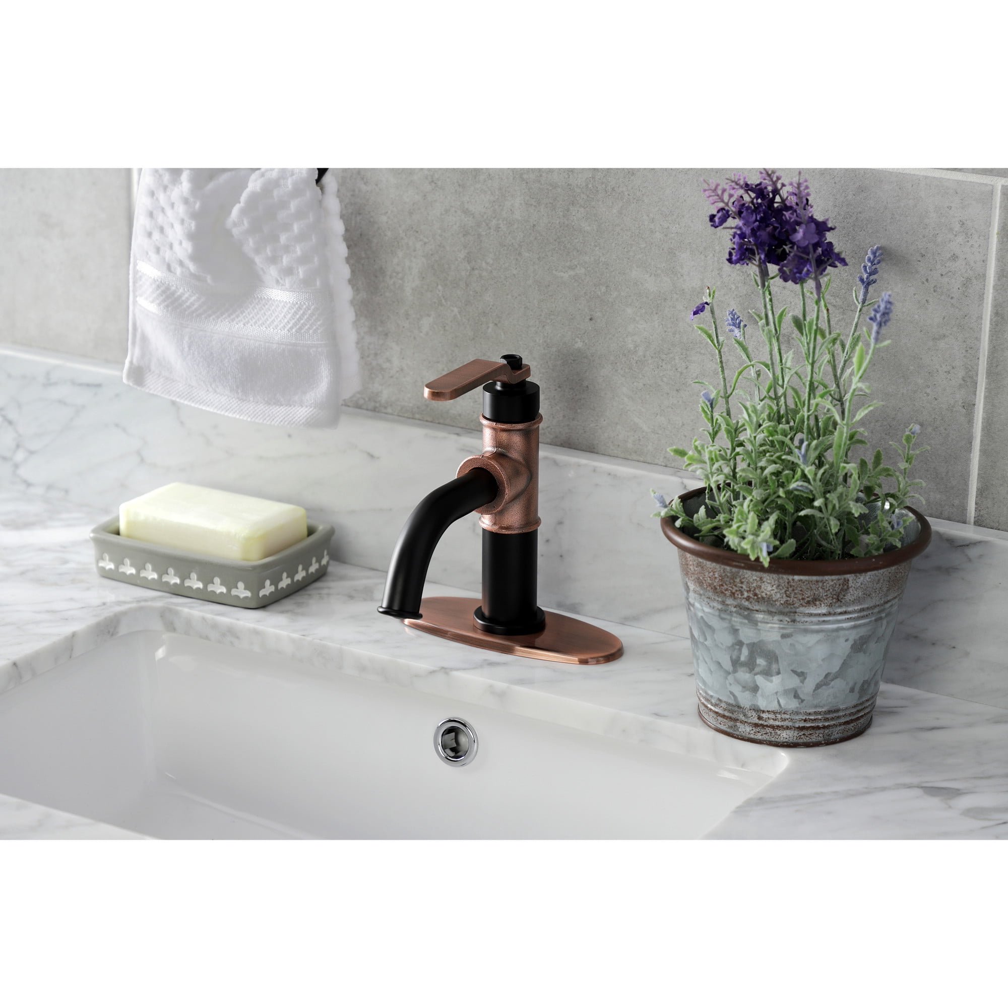 Kingston Brass KSD282KLAC Whitaker One-Handle Single-Hole Bathroom Faucet with Deck Plate and Push Pop-Up Drain, Matte Black/Antique Copper