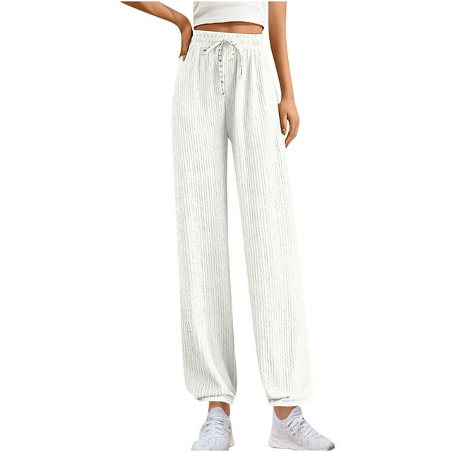 Timegard Wide Leg Pants for Women Ribbed Drawstring Elastic High Waist Pants Casual Comfy Lightweight Trousers