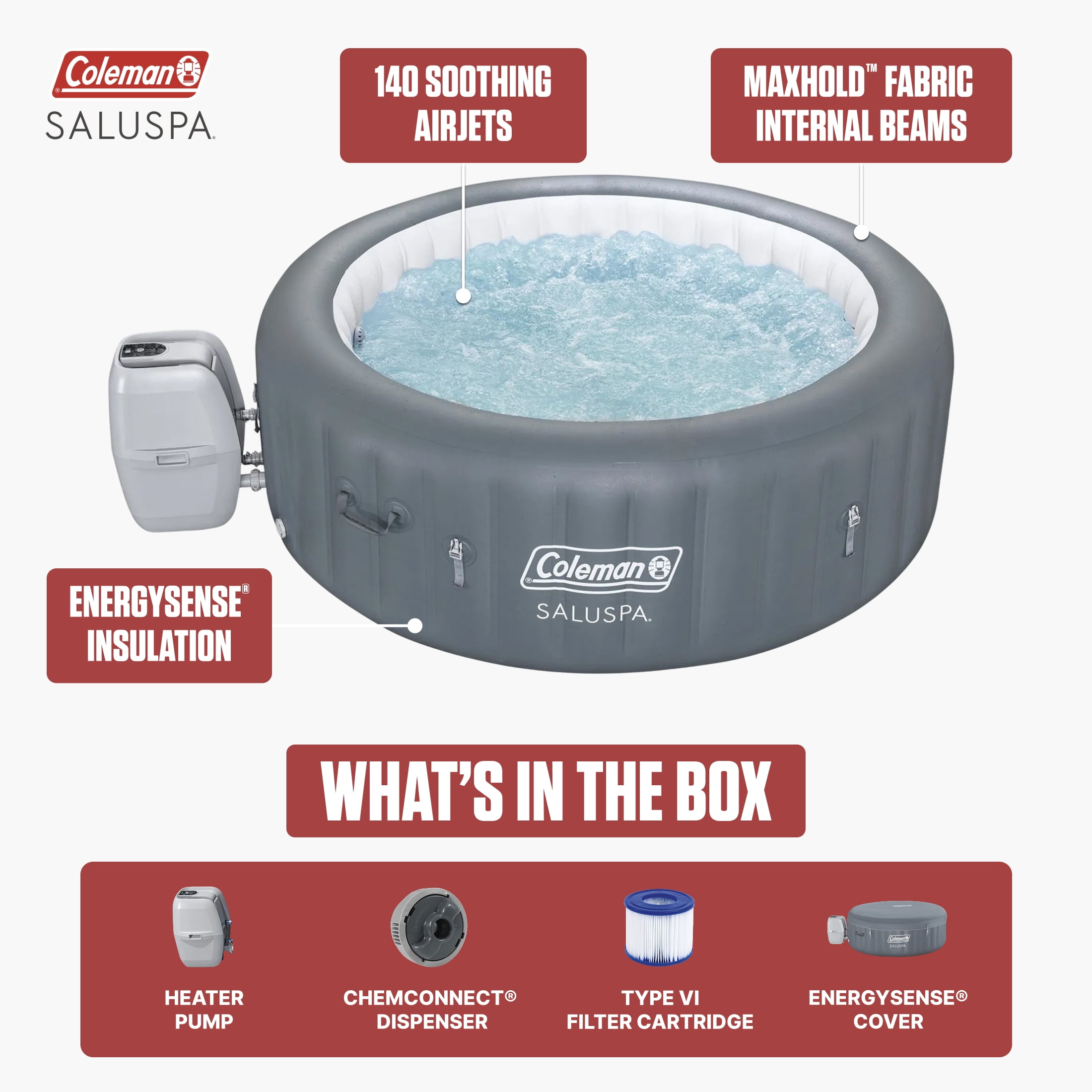 Coleman SaluSpa 4-6 Person AirJet Inflatable Hot Tub with EnergySense Cover, Grey, 77"x28"