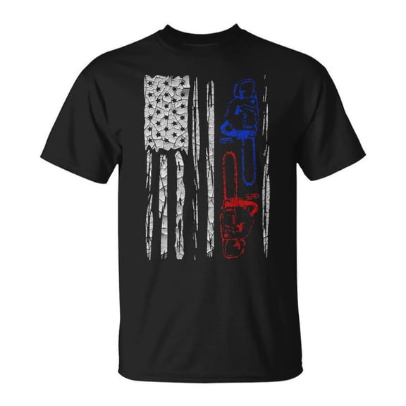 US Flag Chainsaw Graphic Cotton Tee for Adults – Unisex Lumberjack Logger T-Shirt with American Flag Design, Casual Comfortable Outdoor Wear, Size 2XL, Color Black