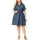 thumbnail image 2 of Women's Plus Size Dress Wrap Belted Turndown Collar Chambray Dress Dark Blue 2X, 2 of 7