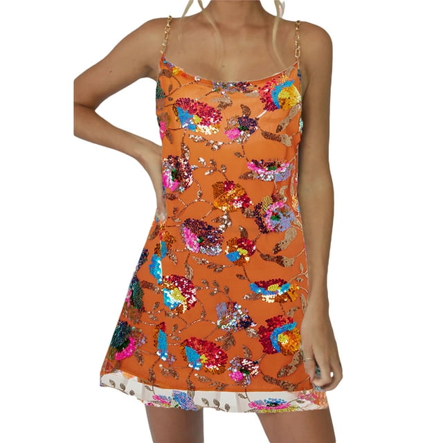 Fortune Robes à Paillettes pour Femmes Robe Mini à Bretelles Spaghetti Dos Nu Tenue de Cocktail et de Boîte de Nuit