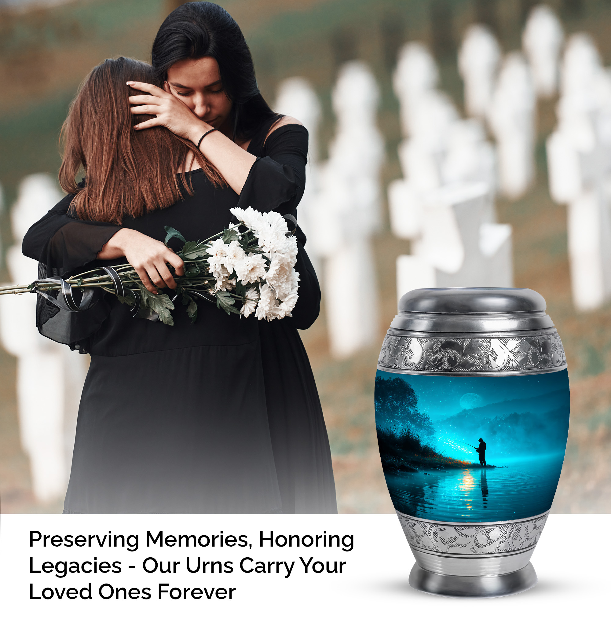 MUKTIVE Fishing Silhouette Keepsake Cremation Urns for Adult Ashes Men - Blue, Evening Small Decorative Burial Urn for Human Ashes for Men - Ash Holders - Remembrance Gifts for Loss (3 Inch)