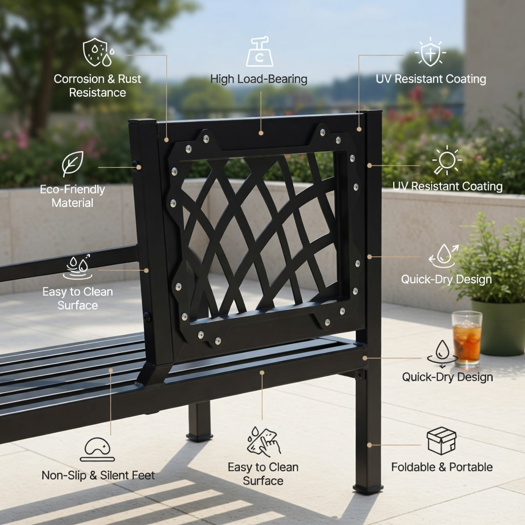 Hommoo Heavy-Duty Outdoor Bench Deck with Powder-Coated Steel Frame & PVC Mesh Backrest, Sturdy Patio Seating for Garden, Deck or Yard, Black