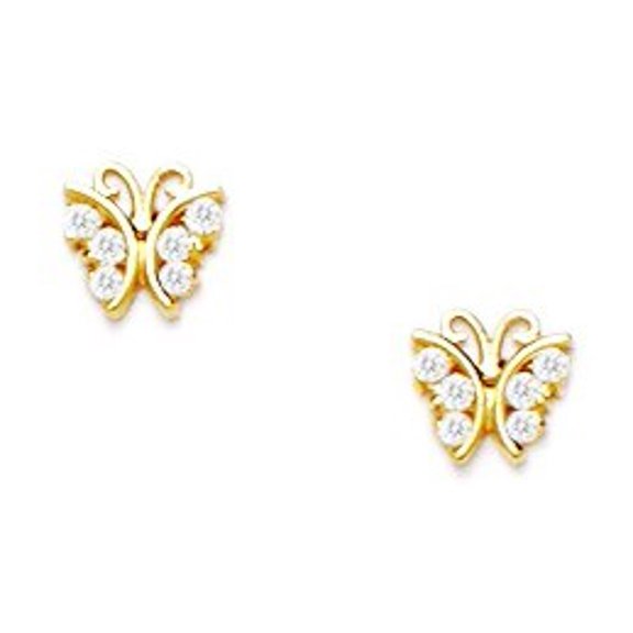 14k Yellow Gold Cubic Zirconia Butterfly Screw-Back Earrings - Measures 6x6mm