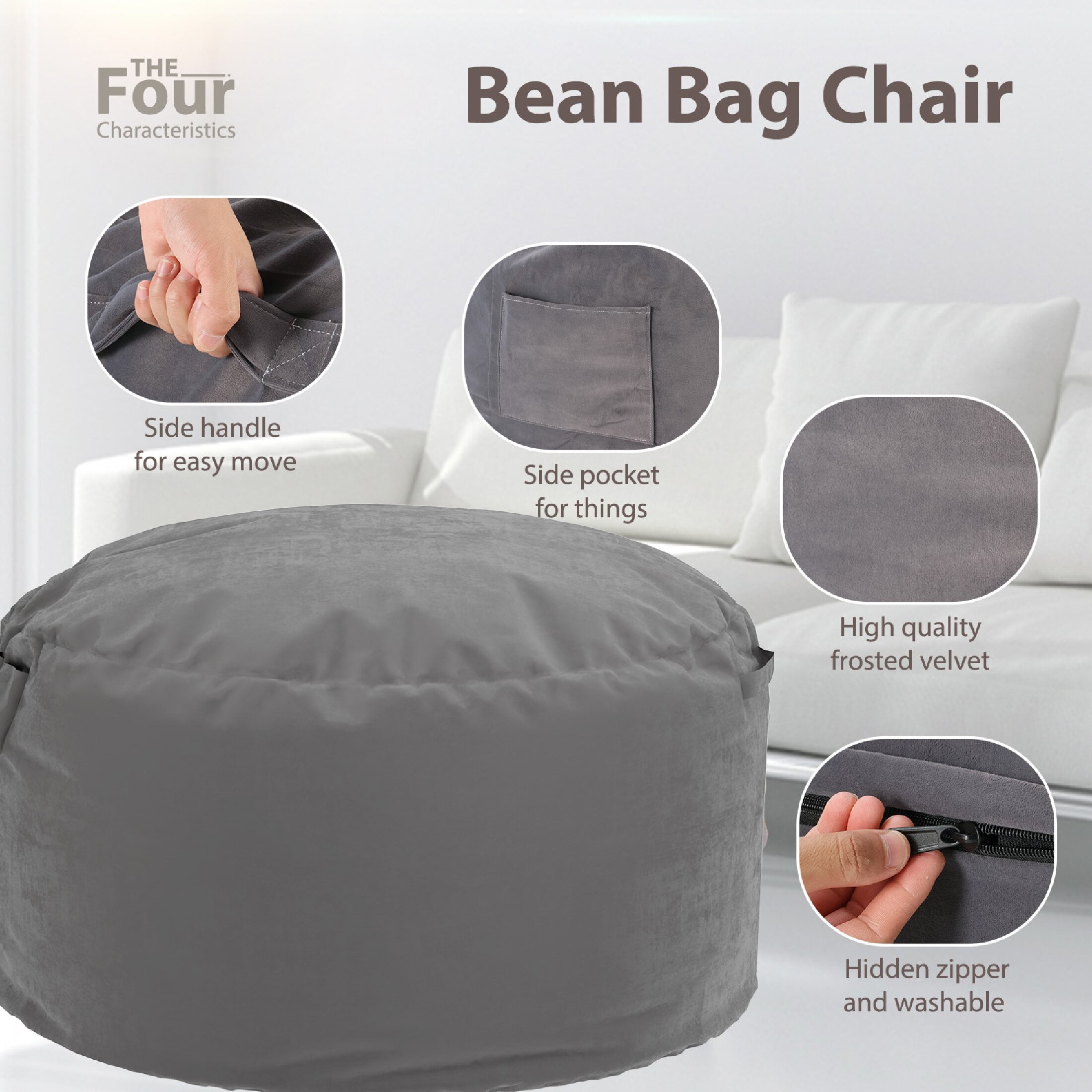 CONCETTA Bean Bag Chair Beanbag for Adults and Kids, Oversized Beanbag for Gaming Reading Foam Filled Couch Furniture with Soft Removable Cover, 4 Feet, Dark Grey