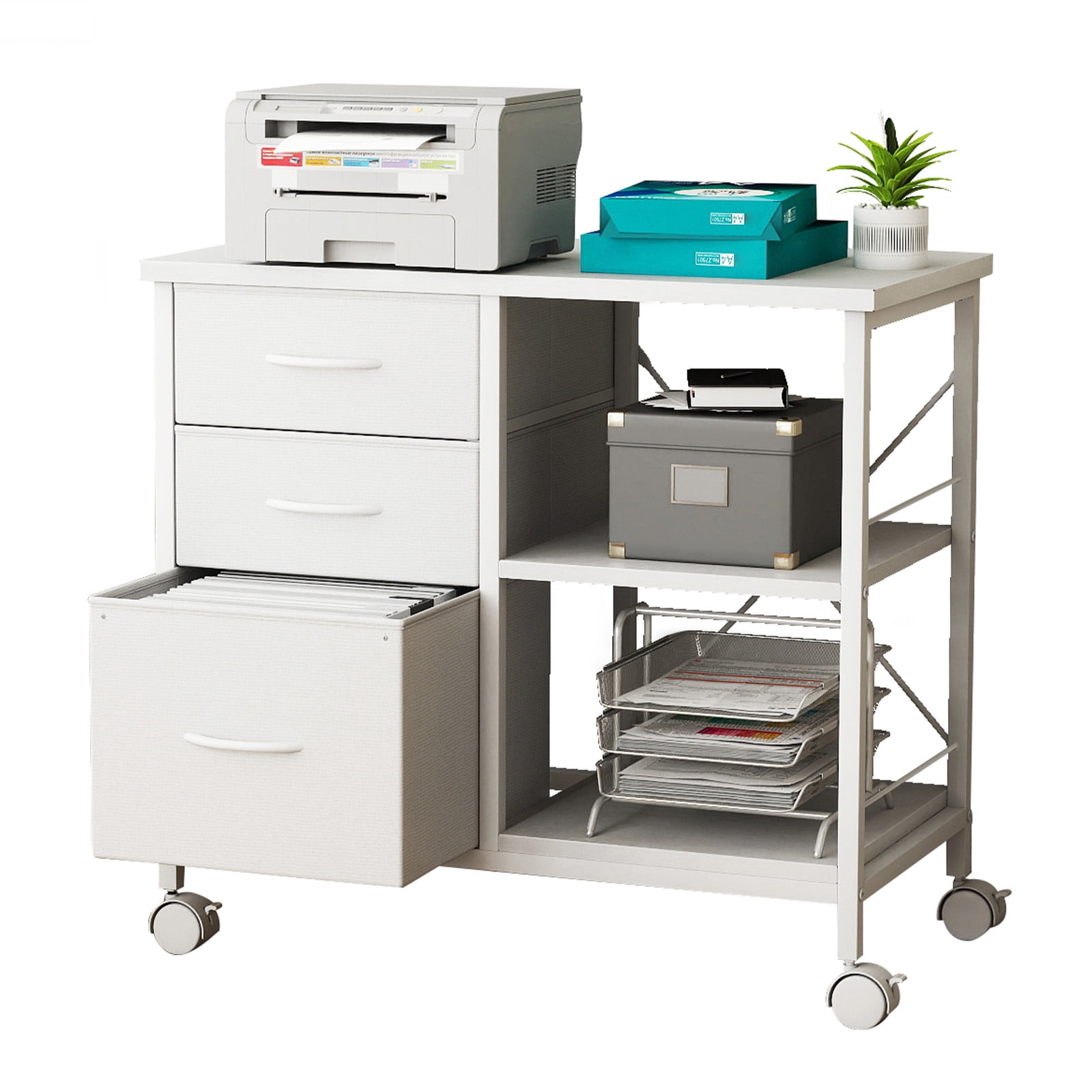 JIOABL 3-Drawer Mobile File Cabinet - Stylish Rolling Storage Solution with Open Shelf for Home Office, White