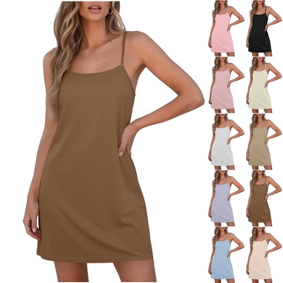 Sleepwear Dress for Women Slip Nightgown for Women Spaghetti Strap Sleeveless Casual Nightdress Loose Home Cami Sleep Dress Brown One Size