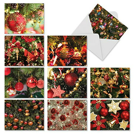 'M3266 RED BLISS' 10 Assorted All Occasions Note Cards Featuring Red-Colored Christmas Tree Ornaments with Envelopes by The Best Card