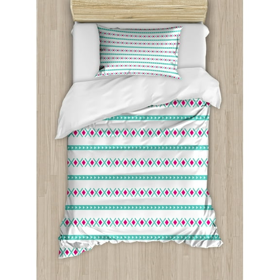 Aztec Duvet Cover Set Twin Size, Minimal Style Themed Ornaments Horizontal Lines, Decorative 2 Piece Bedding Set with 1 Pillow Sham, Dark Seafoam Magenta and White, by Ambesonne