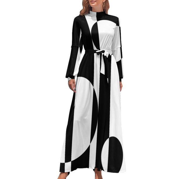 Vestido largo retro de los años sesenta en blanco y negro con diseño de arte óptico, vestido elegante para invitada de boda, moda para mujer