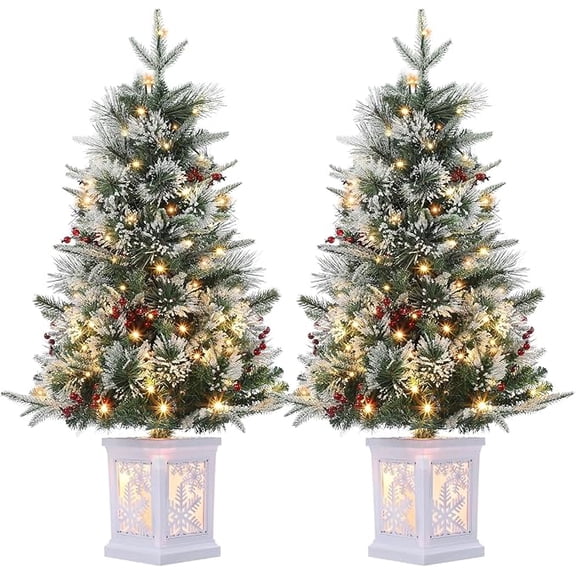 3 FT Pre-Lit Christmas Tree, Artificial Christmas Tree with Snow Flocked Design, 78 Battery-Powered Warm White LED Lights, Christmas Celebrations with Pot Base