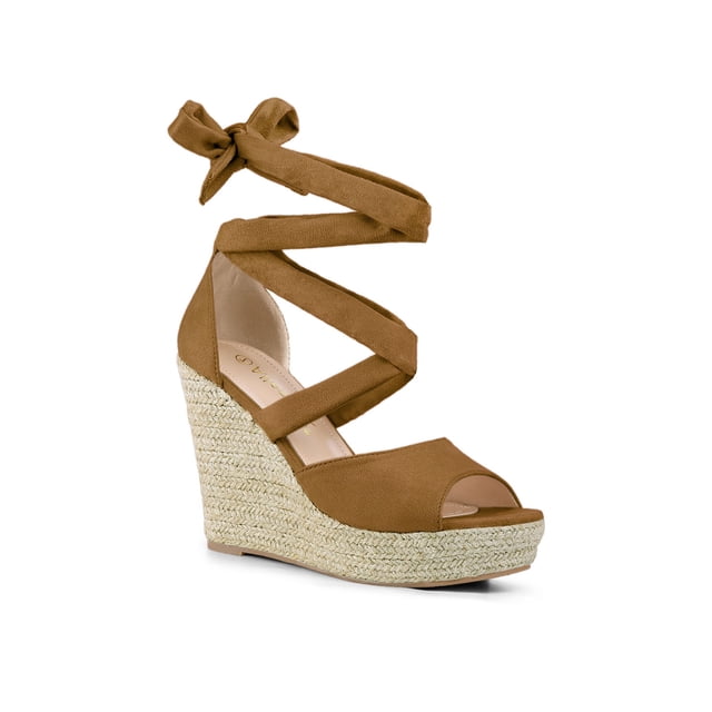 BLISSFUL STEP Chaussures pour Femmes Espadrilles à Lacets Sandales Compensées à Plateforme Brun 9