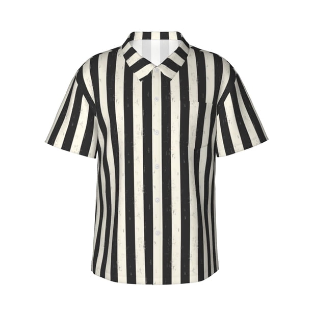 Balery Black And White Thick Stripes Camisas hawaianas de manga corta para hombre, camisas playeras de corte holgado, camisas de vacaciones con botones,Large