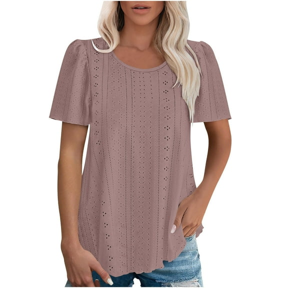 Posijego Short Sleeve Tops for Women Crew Neck Eyelet Blouses Loose Casual Summer Tee Shirts
