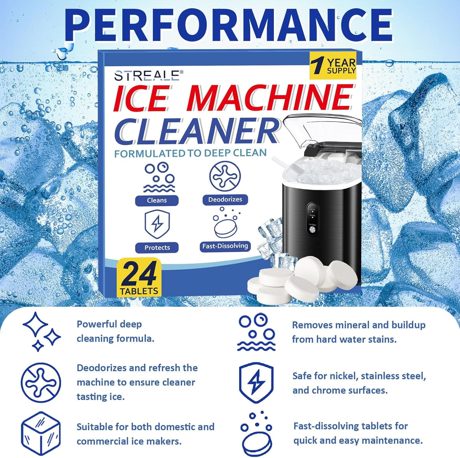 Ice Machine Cleaner Maker and Descaler - 24 Tablets Compatible with All Major Brands, Nickel Safe Countertop Portable Commercial Icemaker Cleaning Solution