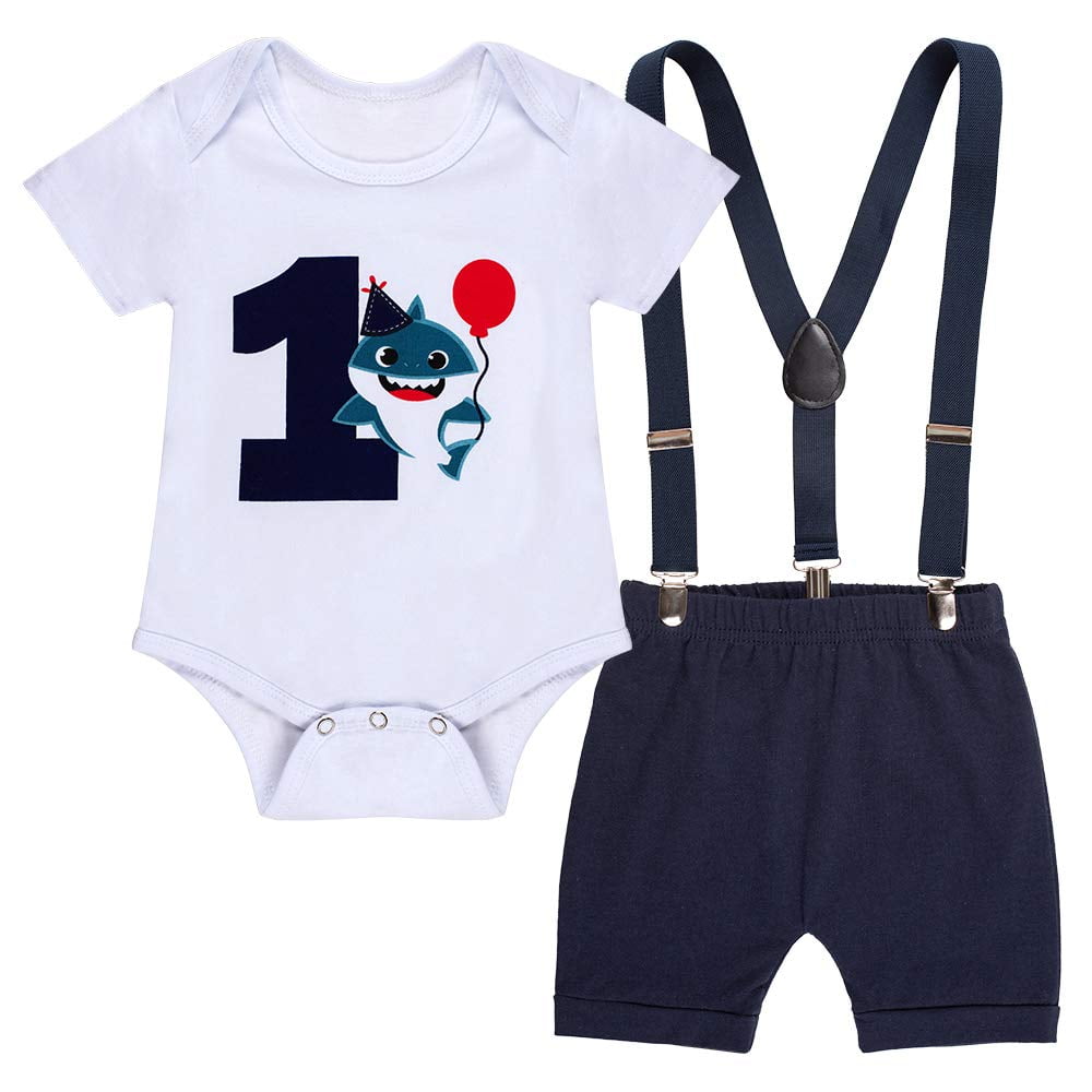 Lensous Baby Shark First Birthday Outfit Boy Gifts Funny Bowtie One Year Old Boys Romper Bodysuit Set Shark 12 18 Months Other