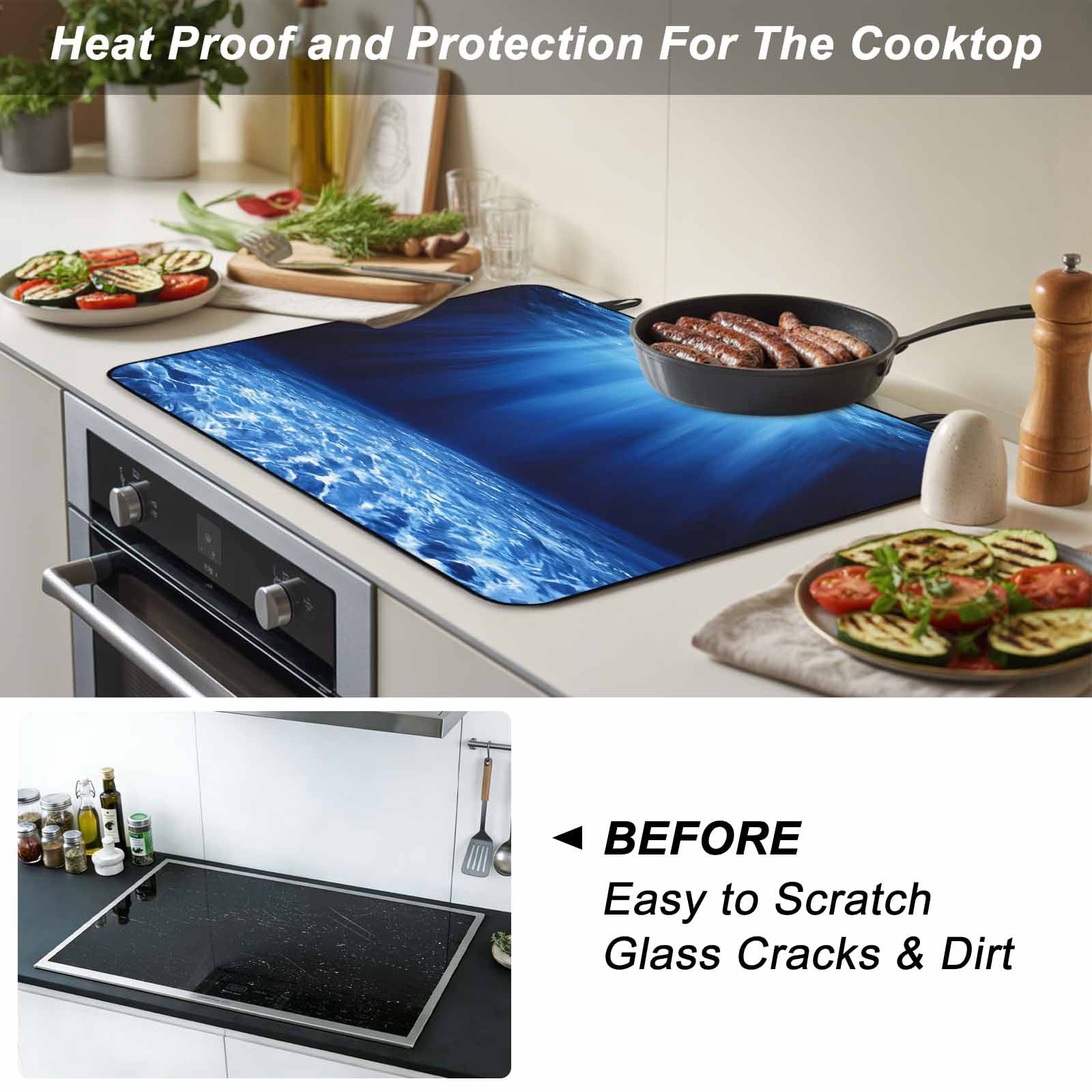 Blue Ocean Stove Top Cover for Electric Stove, Heat-proof & Non Slip Glass Top Stove Cover Protector, Underwater Water Waves Seascape Nature Sea Kitchen Flat Cooktop Rubber Mat 24x21 Inches