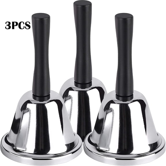 OFEFE Loud Hand Bell, 3-Pack Silver Steel for Adults,Dinner Bells for Inside Classroom, for Food Line, Alarm, Jingles, Ringing with handle