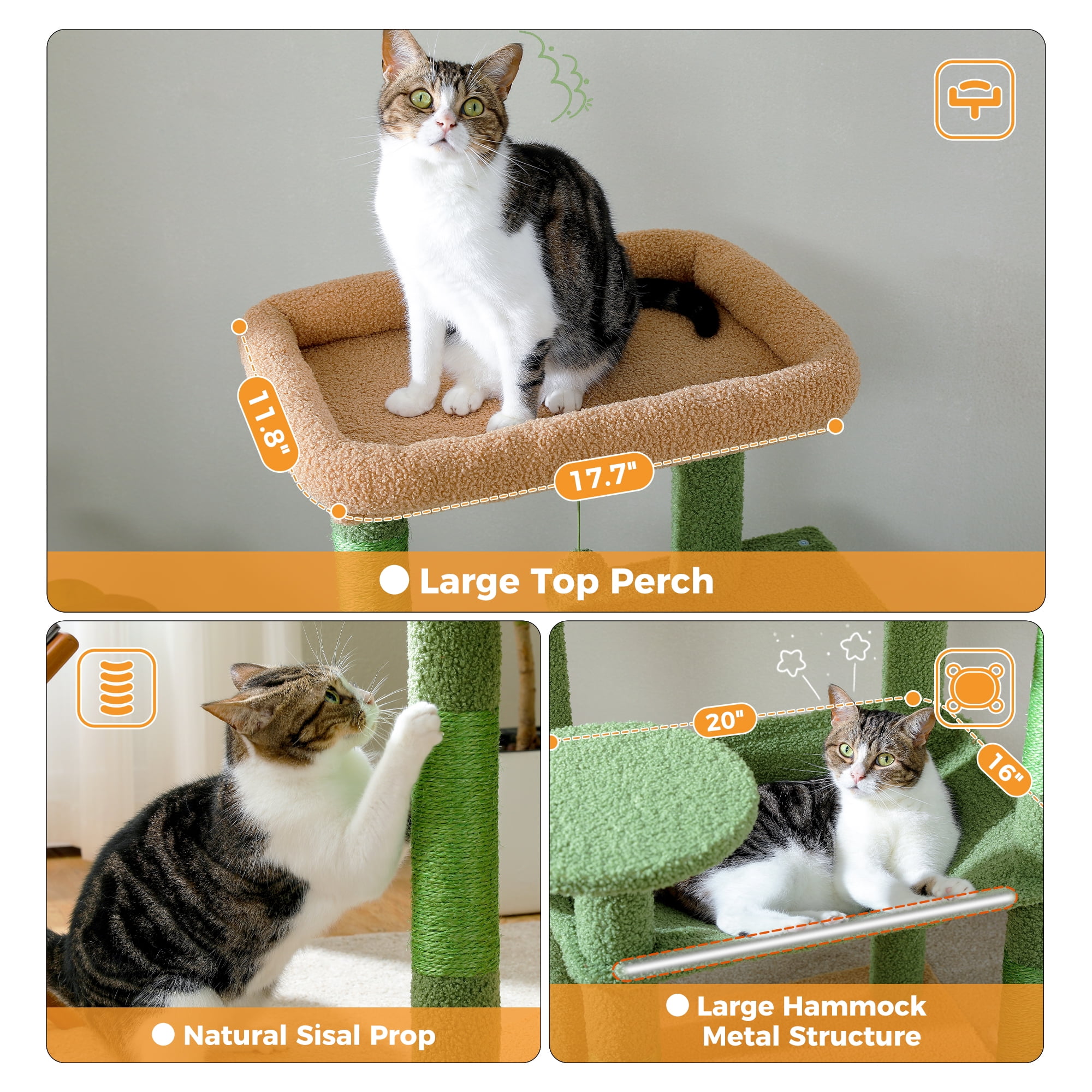 PAWZ Road Cat Tree 56" Sisal Scratching Posts Tower with Large Perch Hammock for All Indoor Cats,Green