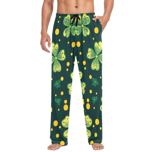 Cotton Mens PJ Pajama Pants Bottoms Waistband Sleepwear with Pockets Clover and Dots