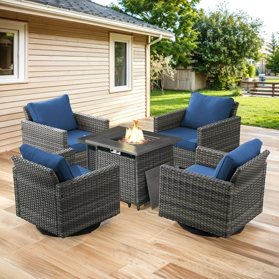 PARKWELL 5-Piece Patio Conversation Set with 4 Swivel Glider Lounge Chairs and Fire Pit Table,50,000 BTU, Outdoor Furniture Set for Garden, Deck, Backyard, Navy Cushions,Gray Wicker