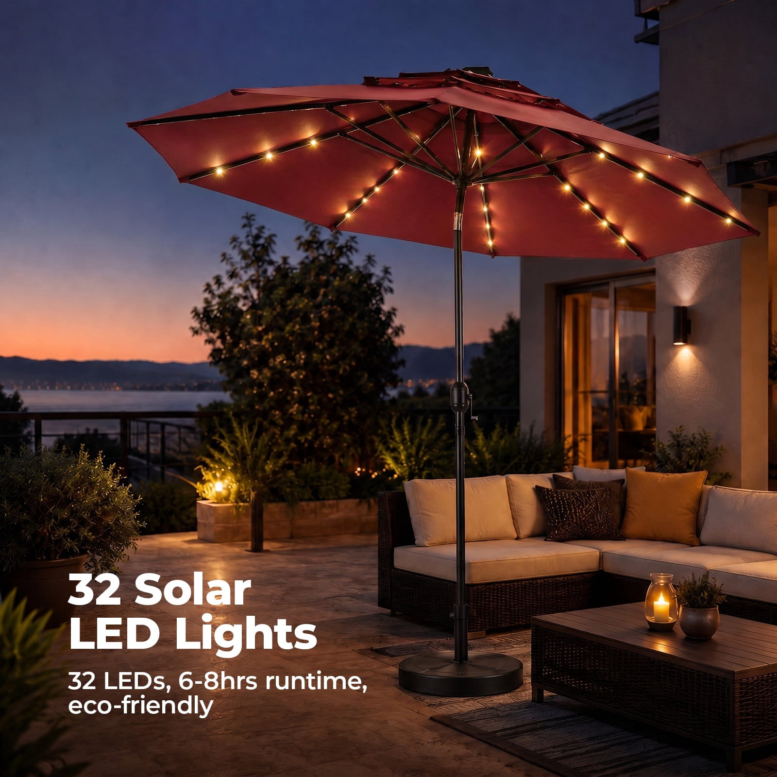 Alvantor 10Ft Solar Patio Umbrella with 32 LED Lights, 3-Tier Vented Outdoor Table Umbrella with Push Button Tilt and Crank, UPF 50+ UV Protection