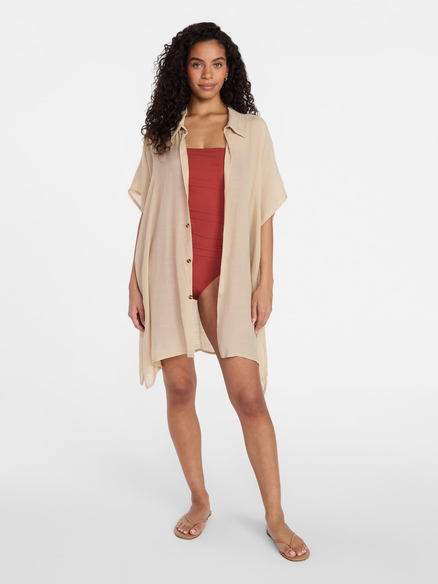 Time and Tru Women's Button Down Cover-Up, Light Tan, Sizes S/M