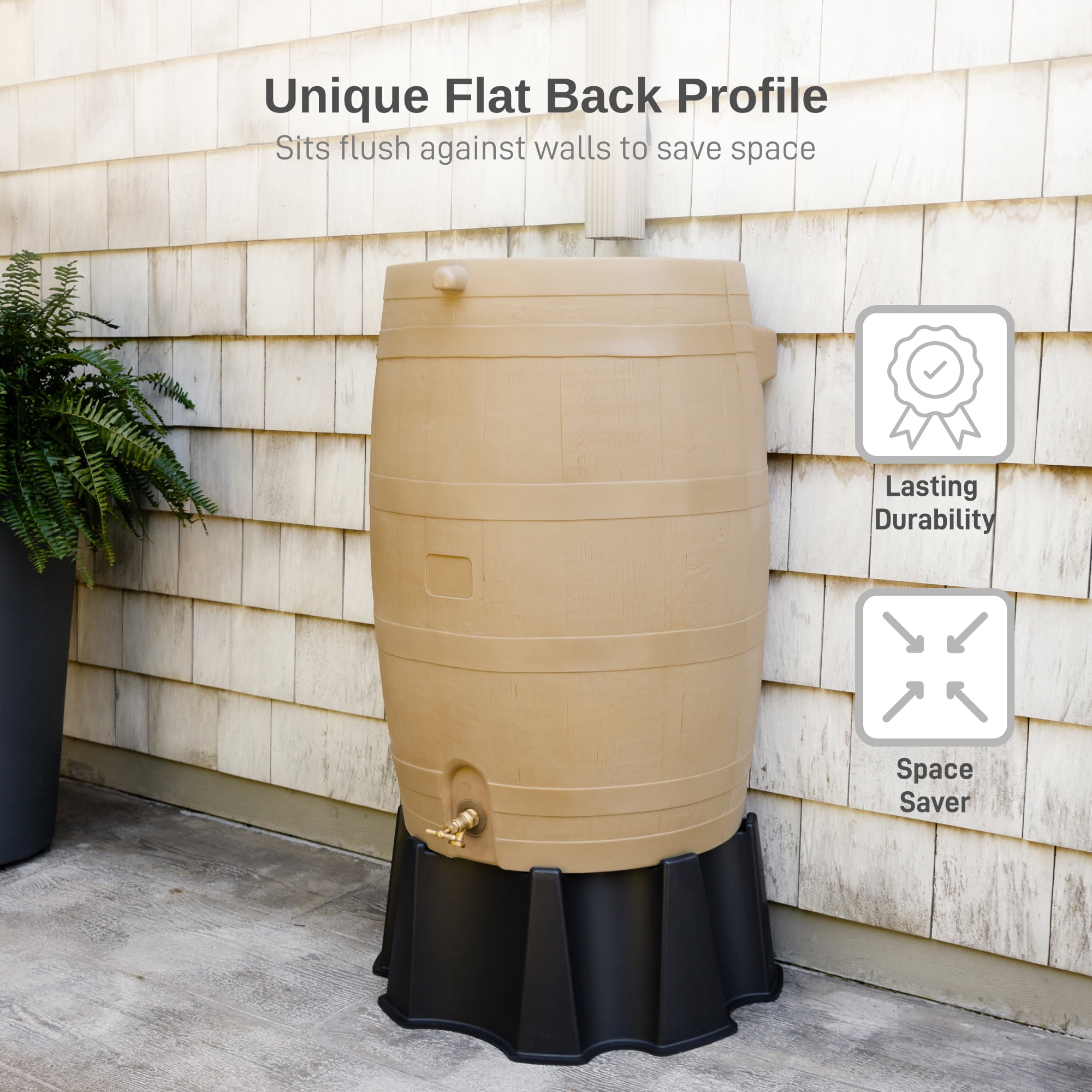 RTS Home Accents Polyethylene 50 Gallon Flat Back Brass Spigot Rain Barrel, Oak Color
