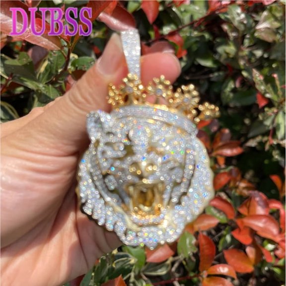 Dubss Lion Crown Necklace for Men Iced Out Prong Setting Pendant Chain Double Color Hip Hop Jewelry