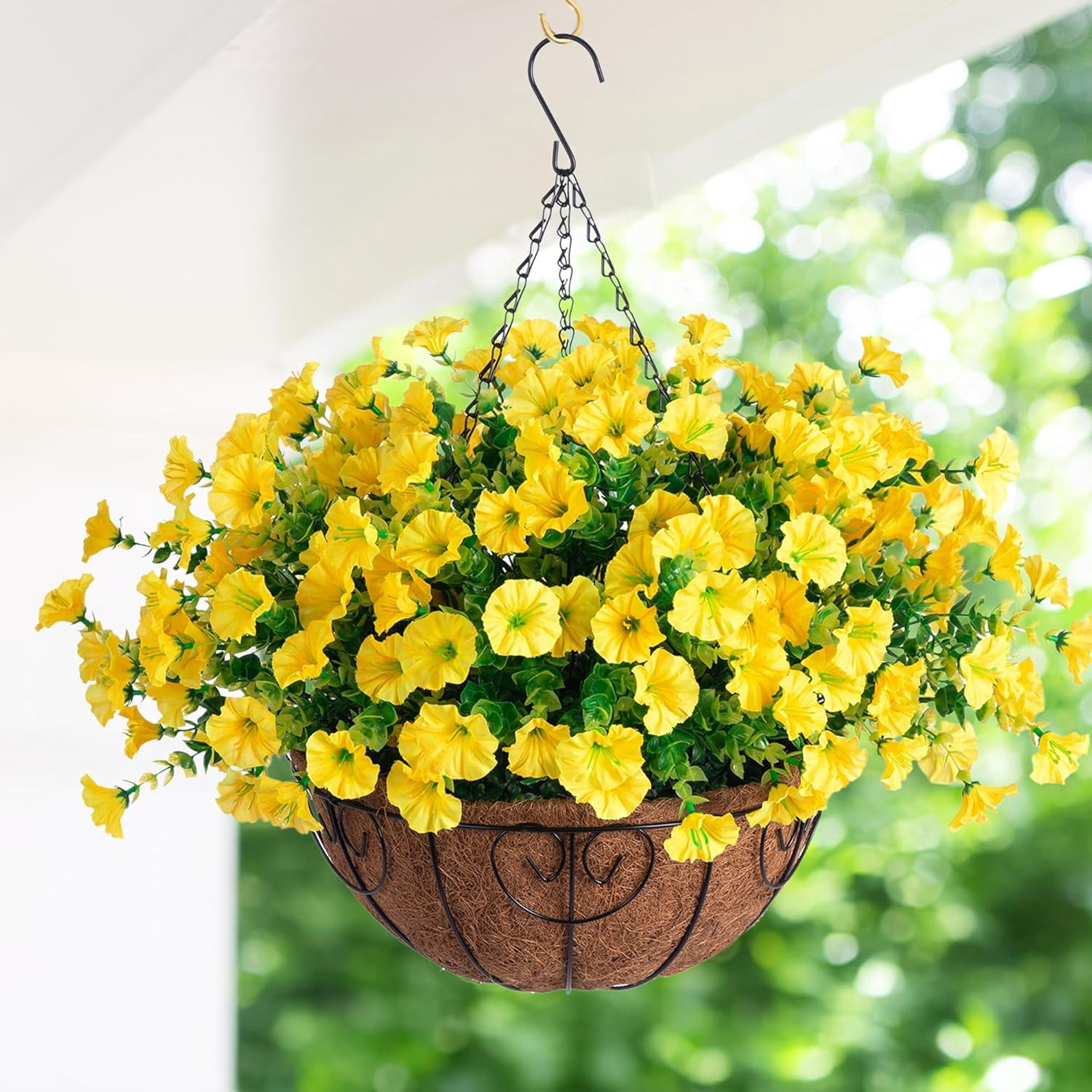 Artificial Fake Hanging Flowers Plants Baskets for Outdoor Outside Summer Decoration, Faux Silk Yellow Morning Glory in Planter UV Resistant Realistic for Home Porch Patio Balcony Garden Yard