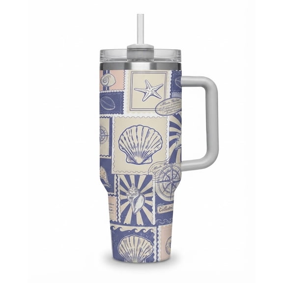 Trenditum Coastal Grandmother Seashell 40 oz Stainless Steel Tumbler with Handle and Straw