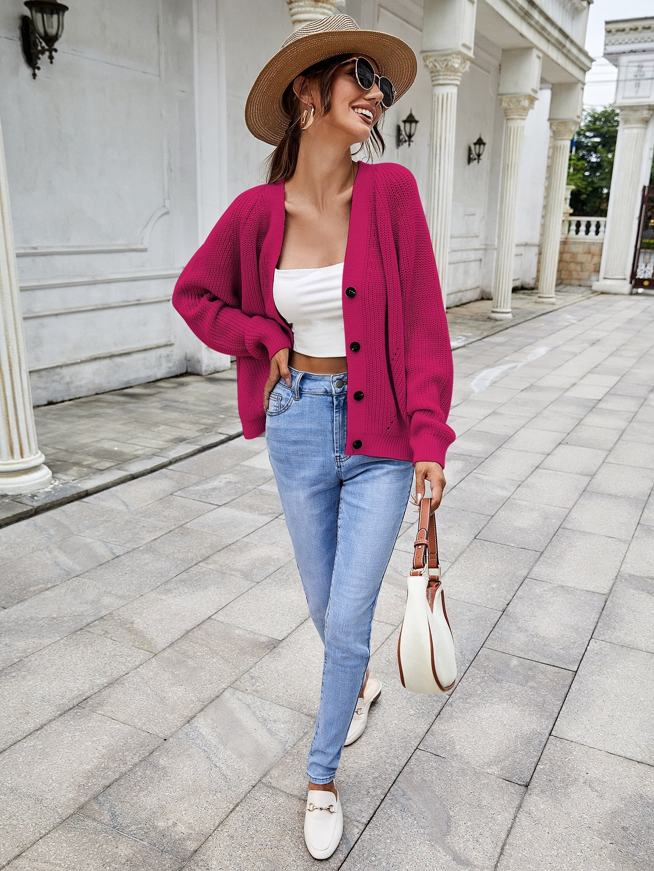 Hot Pink Eyelet Raglan Sleeve Cardigan 