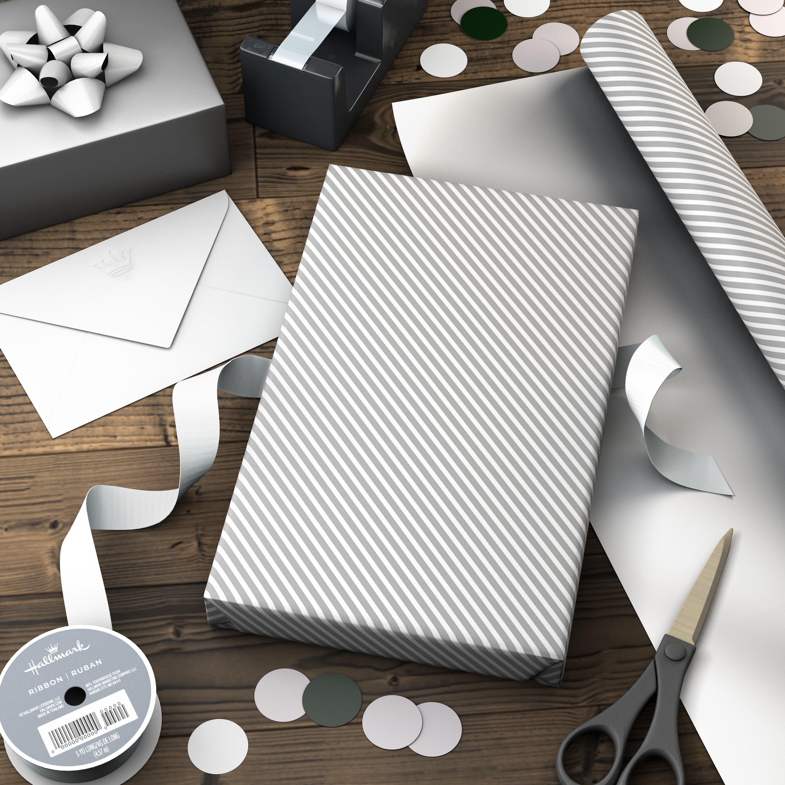 Hallmark Reversible Wrapping Paper Roll (Metallic Silver Solid and Stripes) 20 Sq. ft.