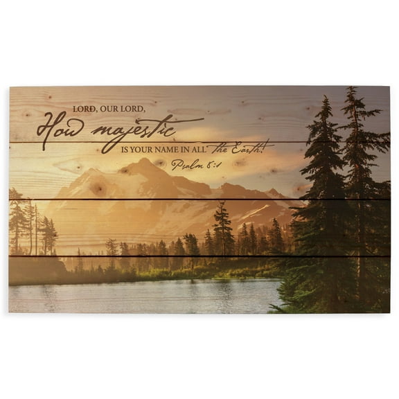 Lord How Majestic is Your Name Mountain Lake Scene 14 x 24 Wood Pallet Wall Art Sign Plaque